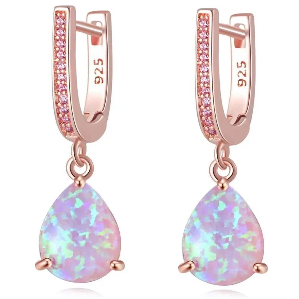 14K RGP Sterling Silver with Pink Fire Opal and Pink Sapphire CZ Dangle Earrings
